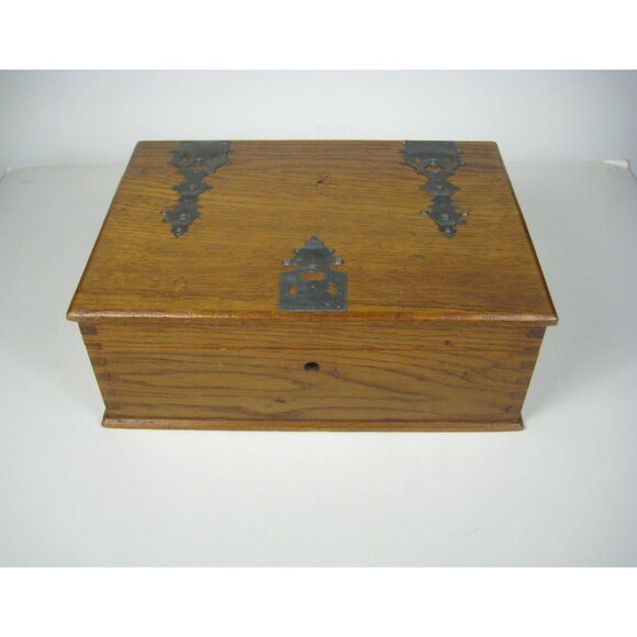 Antique Wooden Box Ornate Metal Hinges Latch Hand Made Crafted Lidded - Picture 9 of 16